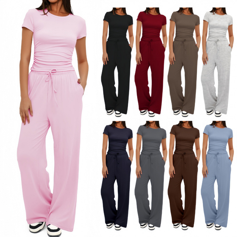 Women's Long Sleeve Set with High-Waist Wide-Leg Pants
