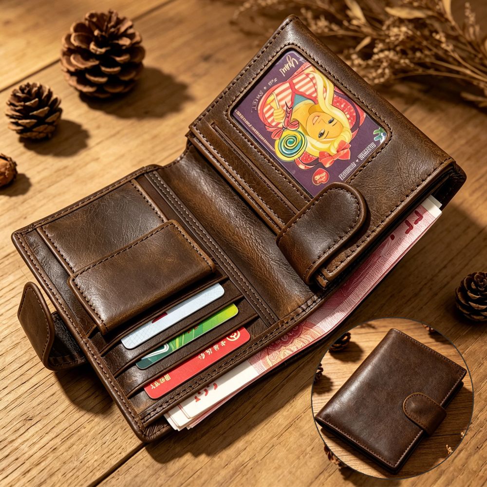 Genuine Leather Men's Wallet, Retro Multi-Slot, RFID Anti-Theft, Large Capacity