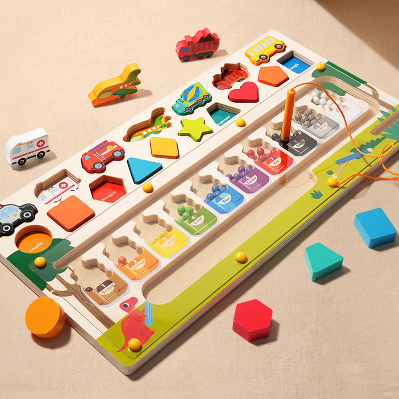 Wooden 3-in-1 Shape and Color Sorting Toy, Magnetic Bead Maze