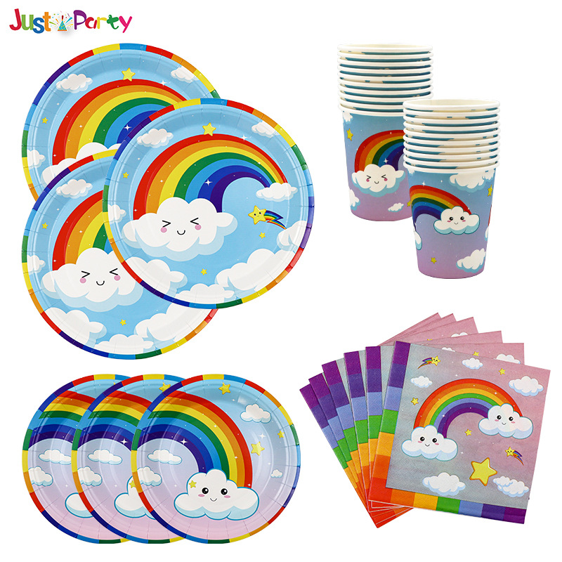 Amazon White Cloud Rainbow Одноразовый набор бумажных тарелок, бумажных стаканчиков и салфеток для детского дня рождения