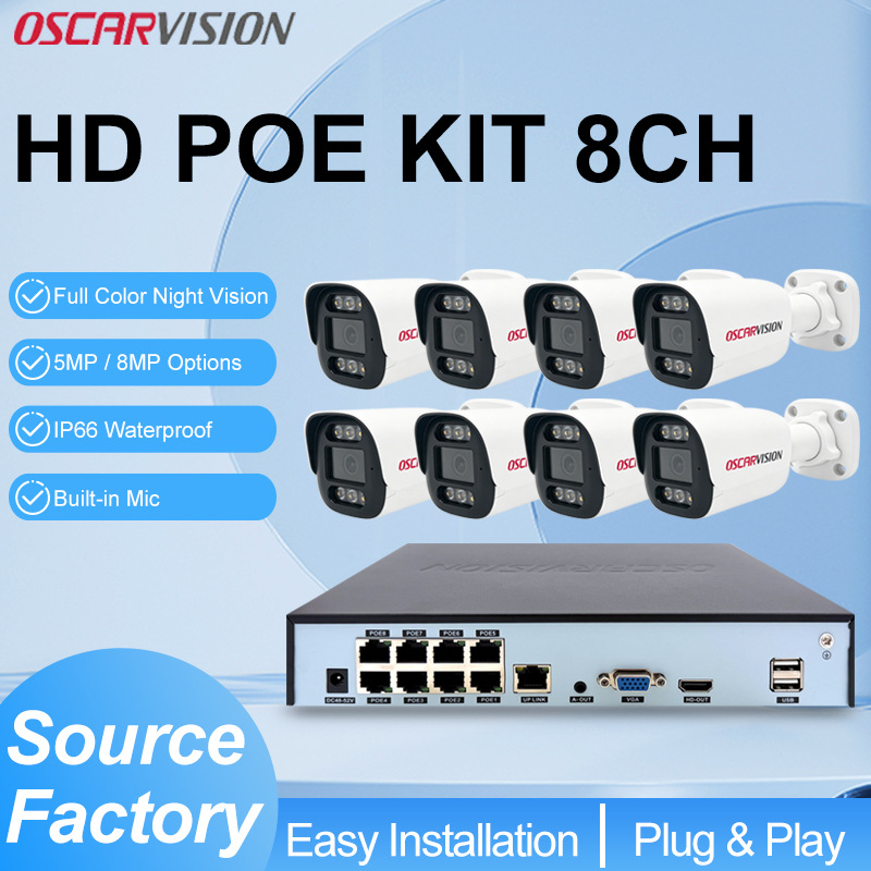 8 kanallı poe güvenlik kamerası seti 4k yüksek çözünürlüklü tam renkli kayıt ev dış mekan su geçirmez cep telefonu uzaktan izleme cihazı