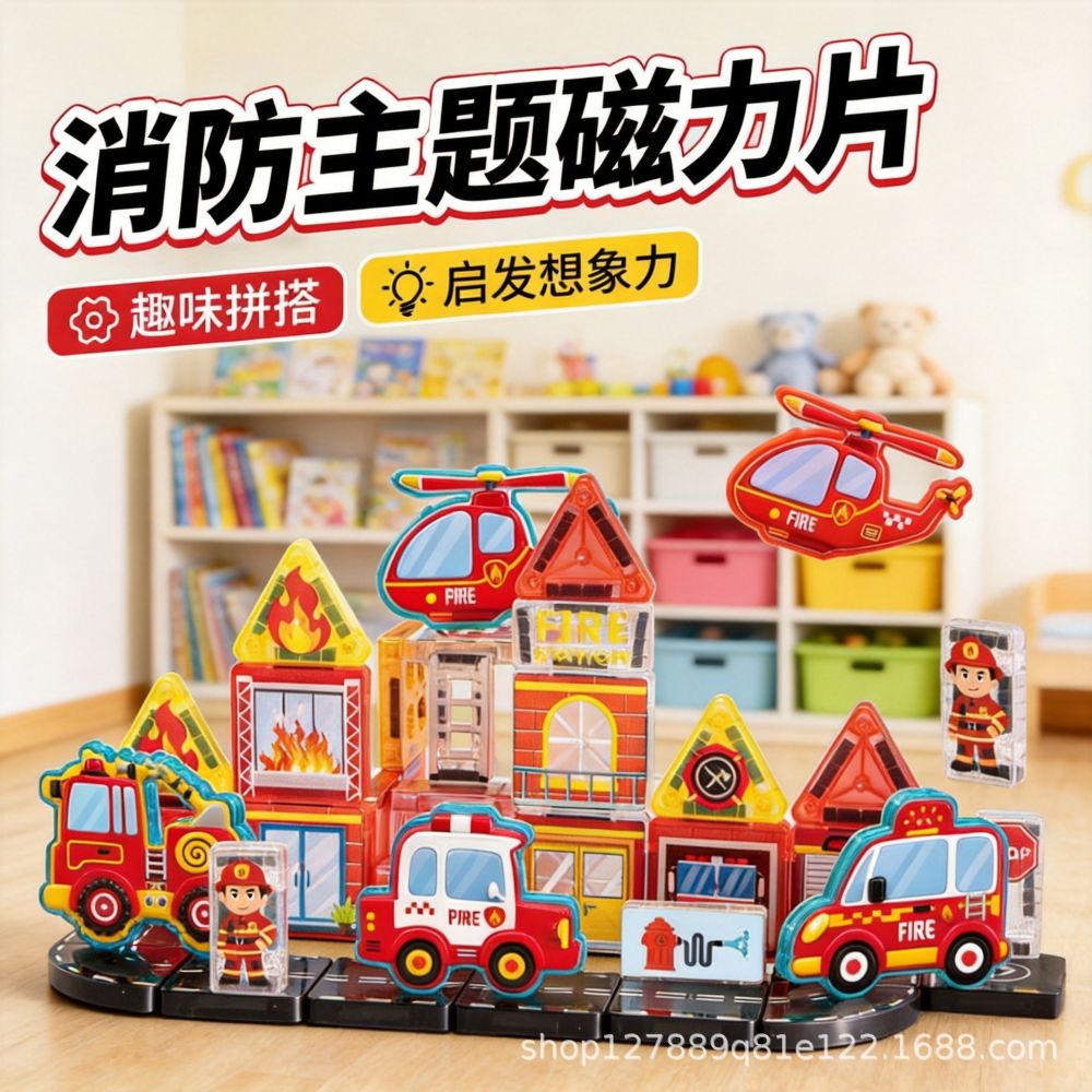 Colorful Window Magnetic Building Tiles Set, Fire Truck Theme