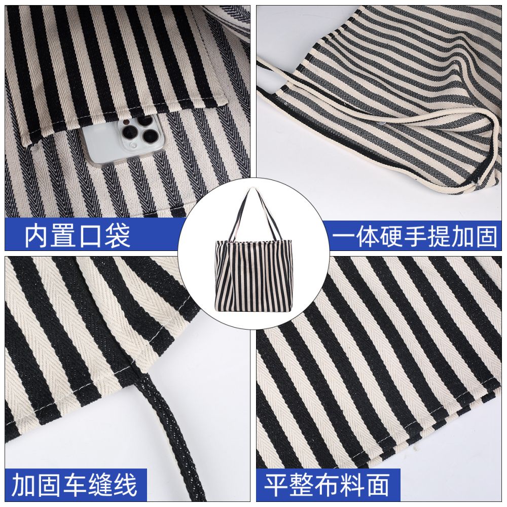 Damenhandtasche aus Leinen mit Streifenmuster, Einschulter-Tragegriff, große Kapazität, Canvas-Tasche in schlichtem und frischem Stil, elegant und vielseitig. - 3