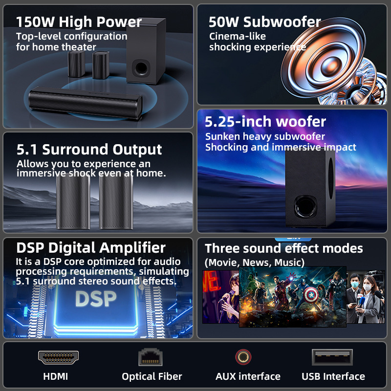 Soundbar Speaker 5.1 Channel Home Theater Speaker Subwoofer Home Living Room TV Sound System Set