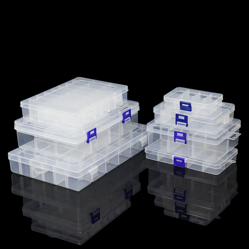 Herausnehmbare Aufbewahrungsbox 10er, 15er, 24er, 36er Fächer transparente Kunststoff-Kosmetik- und Angelzubehör-Schmuck-Gummiband-Haken-Box