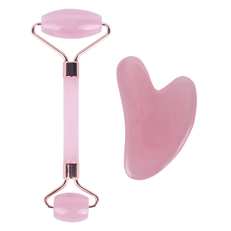 Rosen-Quarz doppelseitiger Walzen-Gesichtsmassagegerät Jade Gesichtslift Schönheits-Gua-Sha-Tool Augenmassageroller Hals- und Wirbelsäulenmassagegerät