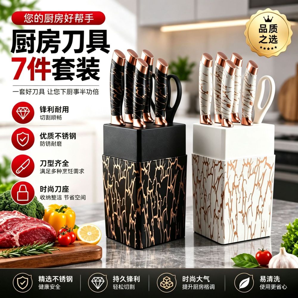 Black and White Marble Pattern 7-Piece Kitchen Knife Set