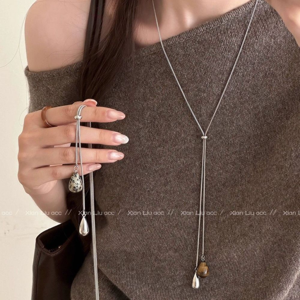 Tiger's eye water drop pull-through necklace, long design, women's accessory - 1