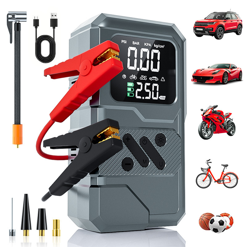 Car Jump Starter Power Bank with Tire Inflator Combo - Portable Vehicle Battery Emergency Booster Pack and Air Pump