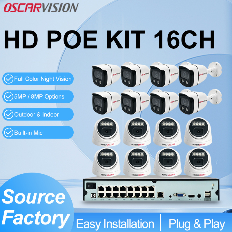 4K High-Resolution POE Security Camera Set, Dual-Light Full-Color Night Vision Recording, Waterproof Complete Equipment Set Suitable for Indoor and Outdoor Use