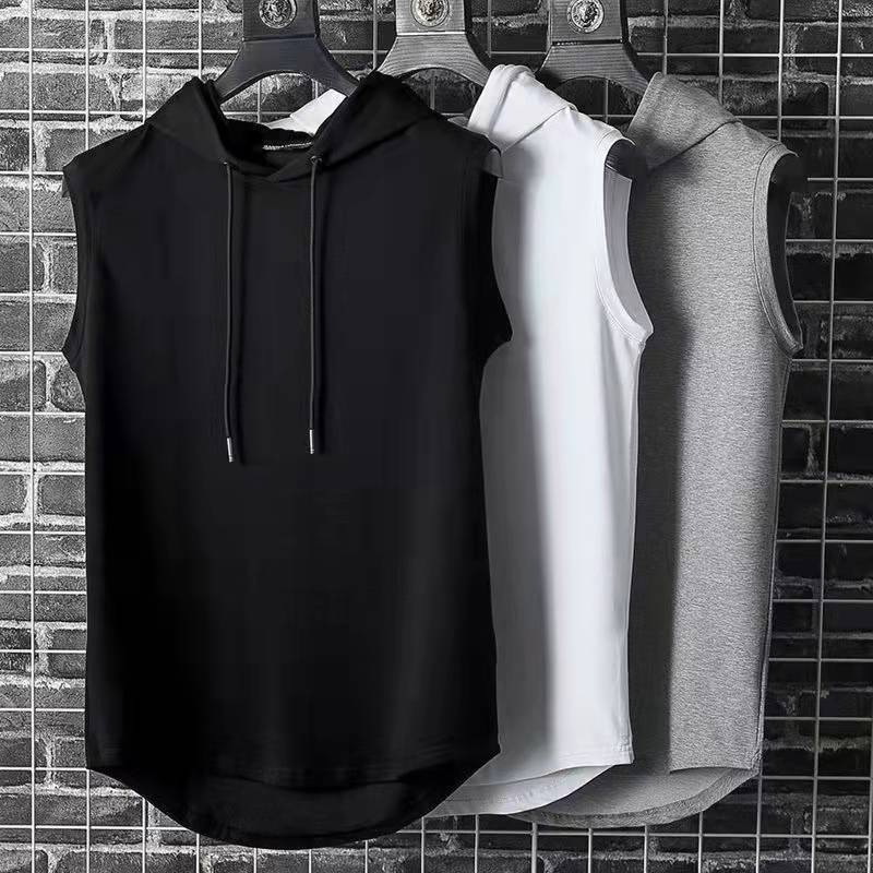 Men's Hooded Sleeveless Vest, Loose Fit, Solid Color Sports Top