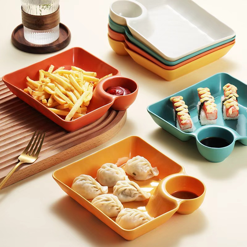 Large PP Compartment Dumpling Plate with Vinegar Dish, Japanese Style