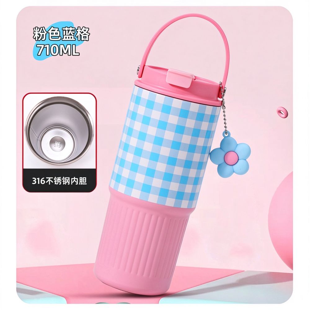 New 304 Stainless Steel Thermos Cup Creative Plaid Pattern Large Capacity Insulated Cup with Handle and Straw Car Cup Wholesale - 8