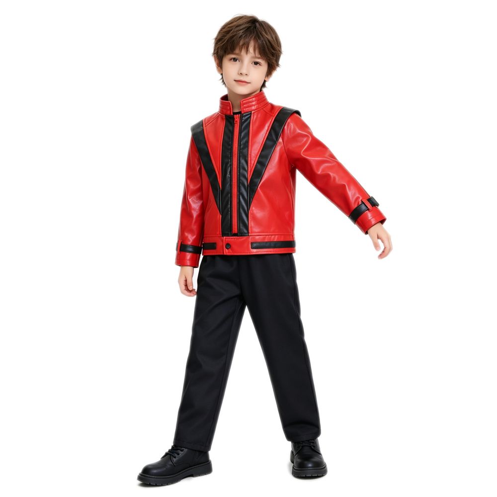 Çocuk Jackson Thriller cosplay takımı, kırmızı siyah deri ceket ve pantolon