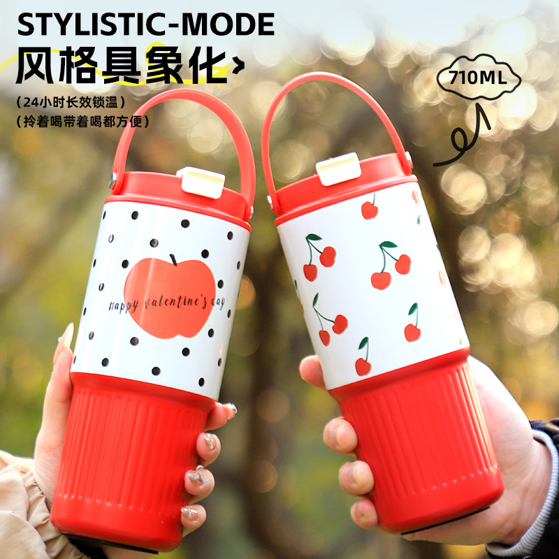 New 304 Stainless Steel Thermos Cup Creative Plaid Pattern Large Capacity Insulated Cup with Handle and Straw Car Cup Wholesale - 1