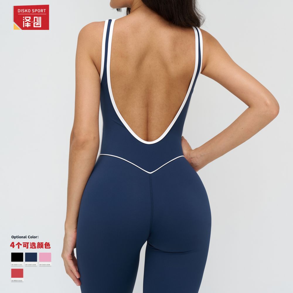 Sınır ötesi çıplak his yoga tulum, kontrast renk kenar detaylı geniş yaka spor kıyafeti, koşu egzersiz tulumu kadın 9528
