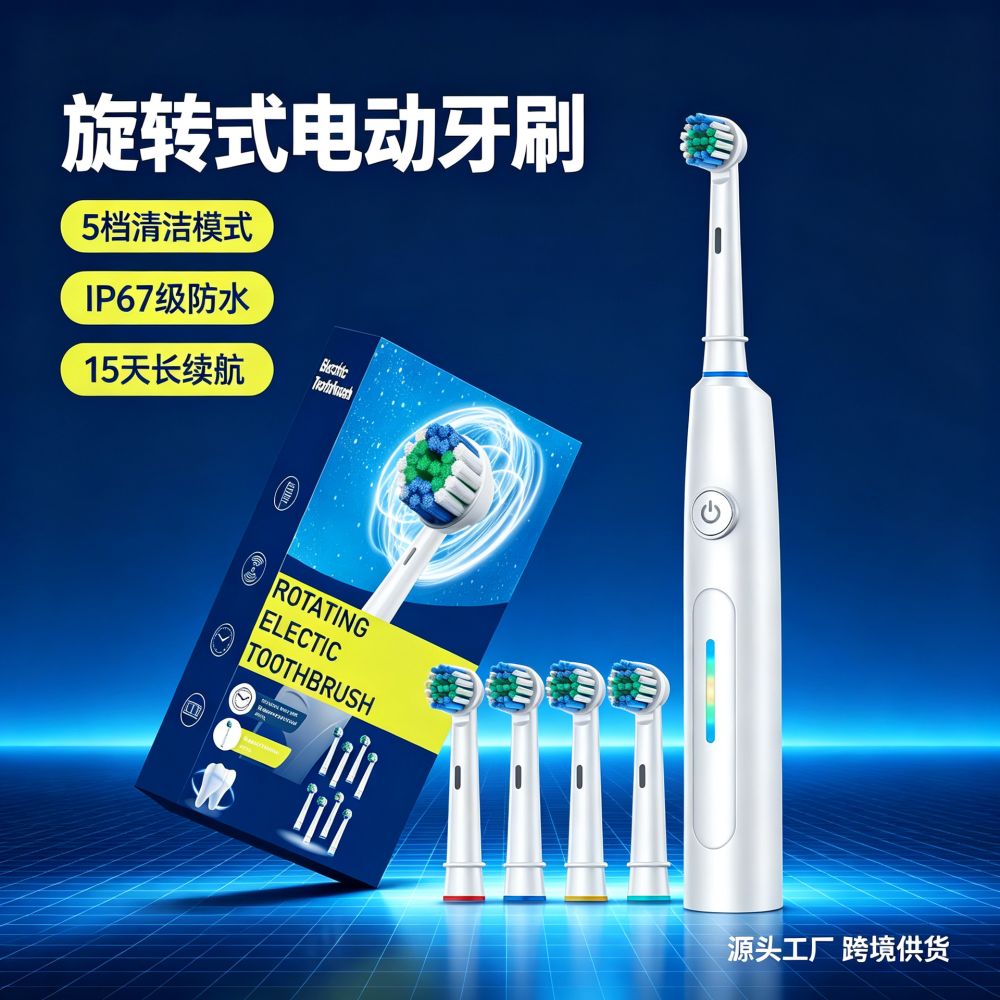 跨境旋转充电电动牙刷圆头IP67防水全英文包装成人工厂批发可定制