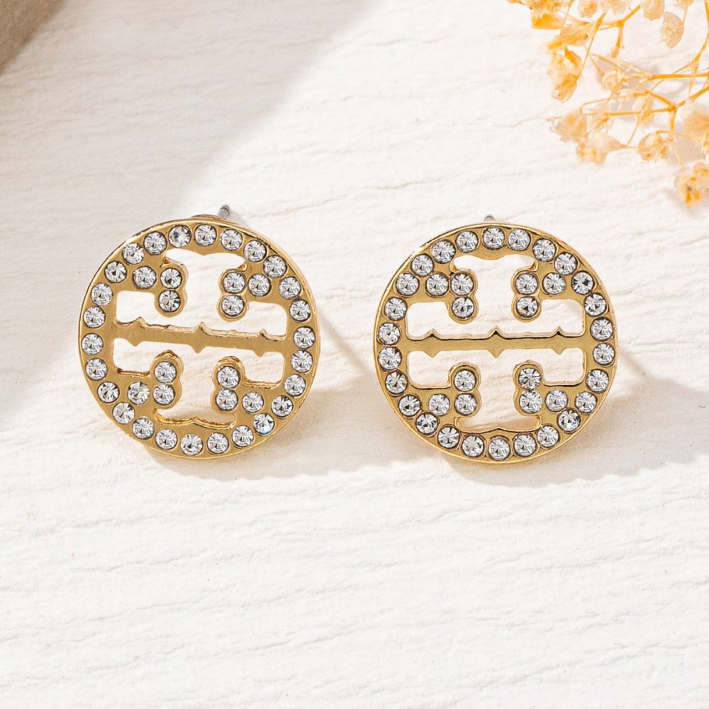 Vergoldete Ohrstecker mit Strass-Kreuz und Rundplatte für Damen