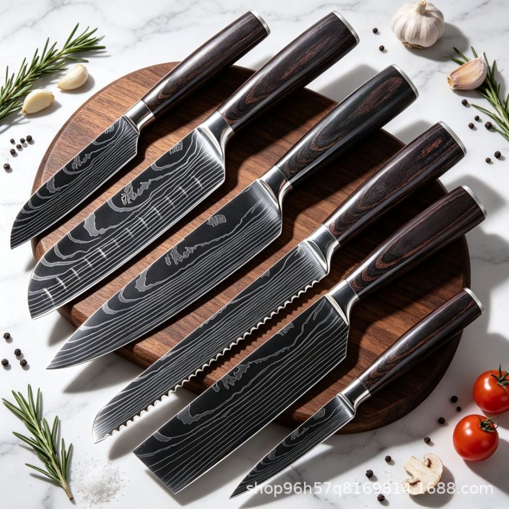 Şam deseni bıçak seti, renkli ahşap sap, şef, santoku