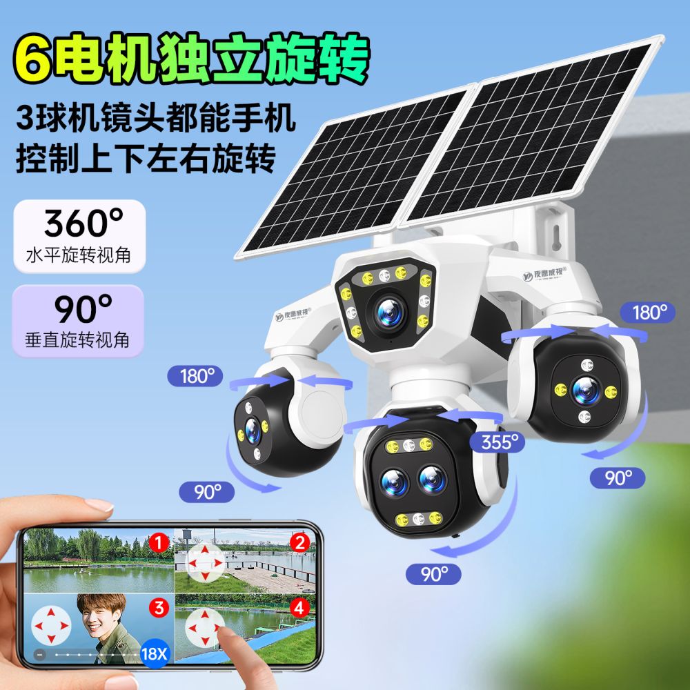 Solar Powered Surveillance Camera with Five Lenses 18X Zoom Four Screen 360 Degree Rotation Full Color Night Vision Waterproof