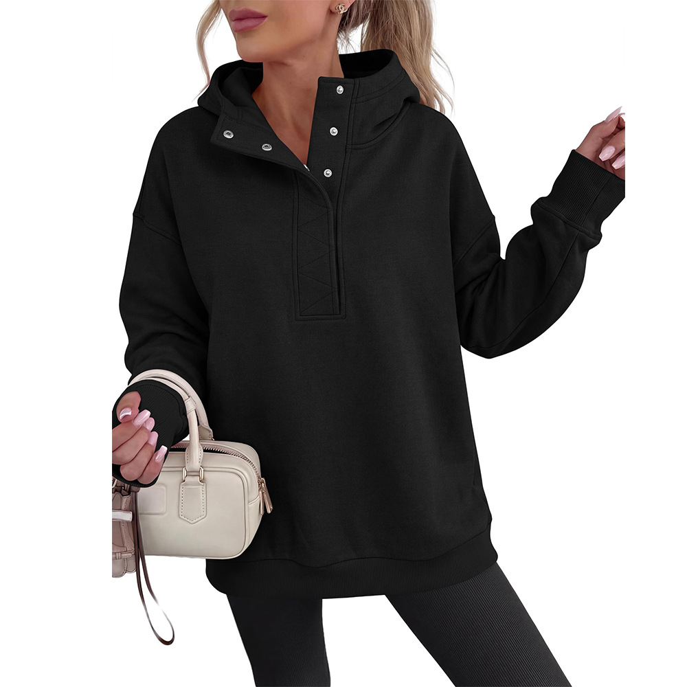 Women's Half-Button Loose Long-Sleeve Hooded Sweatshirt