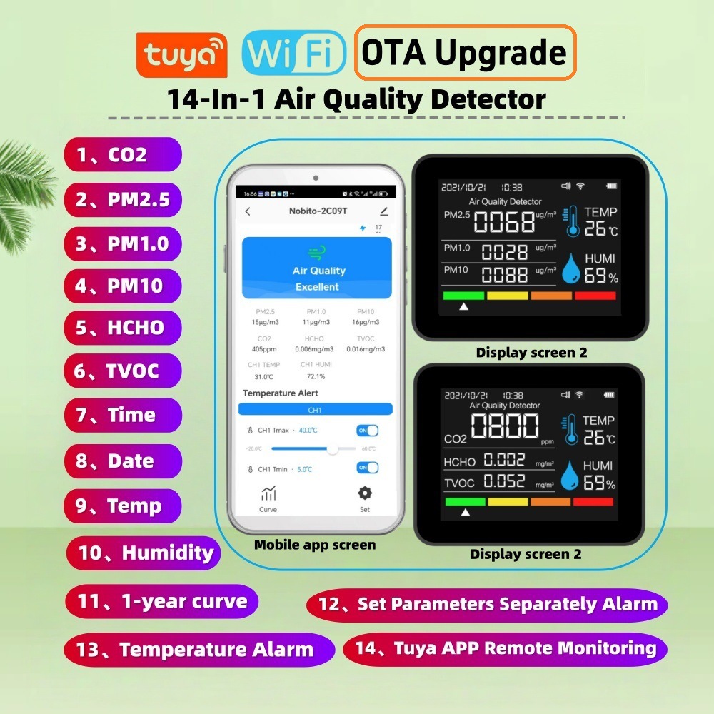 Tuya Akıllı WiFi Hava Kalitesi Dedektörü, 12 in 1, CO2, PM2.5, TVOC