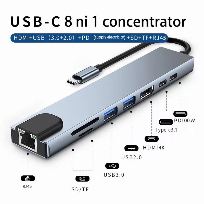 Sınır ötesi tip c8-in-1 yerleştirme istasyonu usb dönüştürücü, aynı ekran ağ kartı dizüstü bilgisayar sekiz'i bir arada yerleştirme istasyonu RJ45