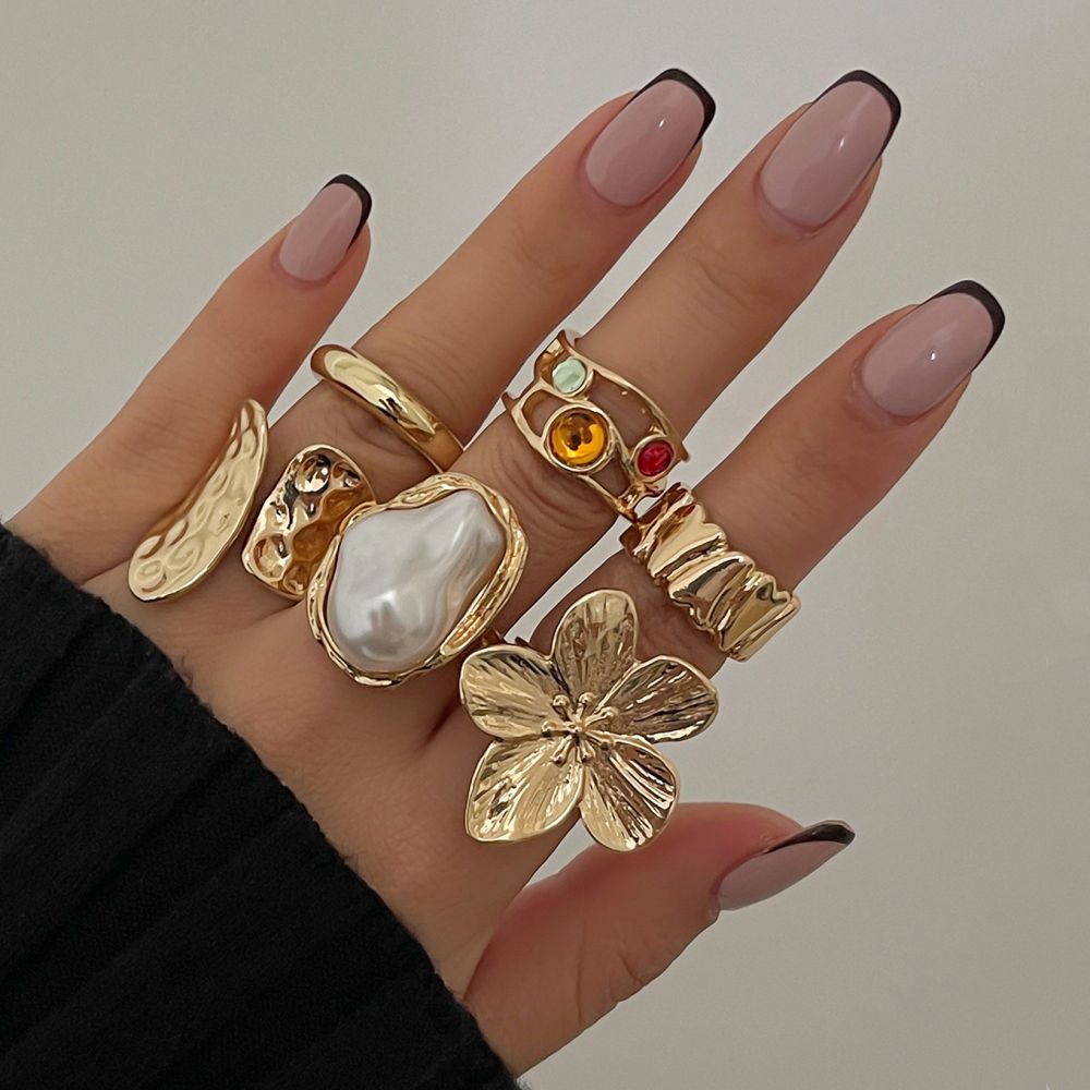 European and American cross-border design liquid lava flower open ring ins baroque imitation pearl inlay gemstone ring