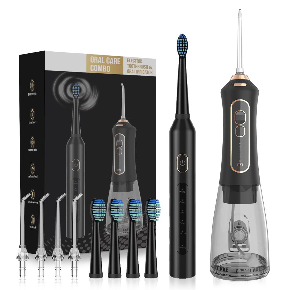F6 Portable Household Water Flosser Dental Irrigator with 5 Nozzles + T5 Electric Toothbrush with 4 Brush Heads, Cross-Border E-Commerce Export