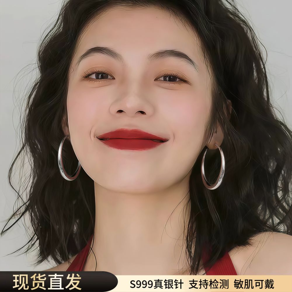 999纯银针圈圈耳环女轻奢高级感耳圈素圈耳夹耳钉大圆圈耳饰批发