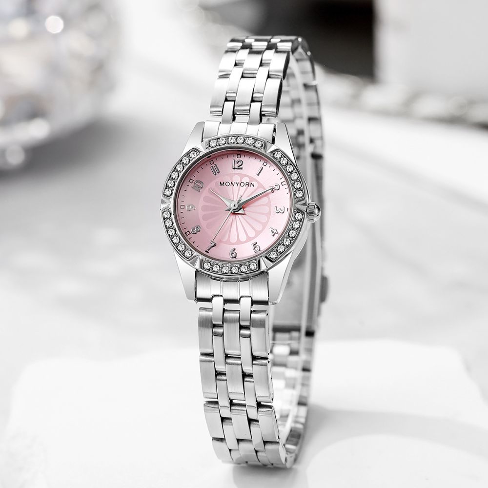 Women's quartz watch, steel band, crushed ice blue rhinestone