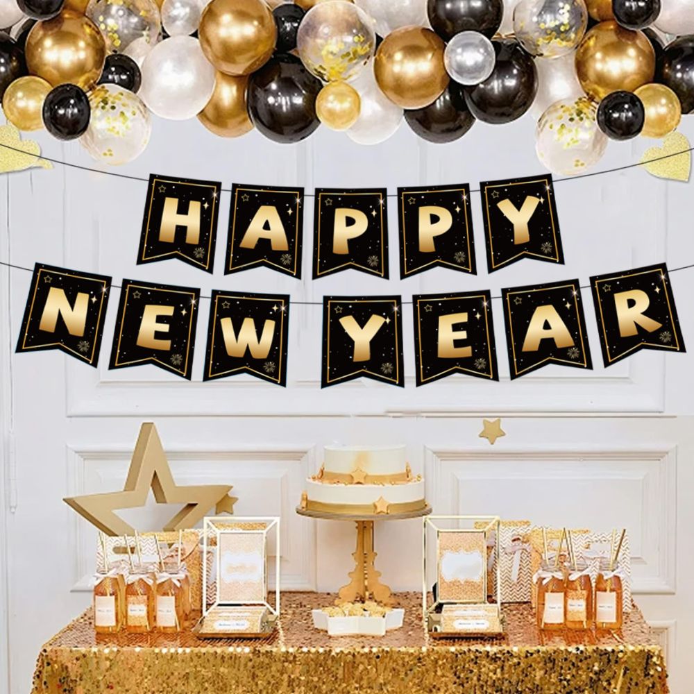 Black and Gold New Year Party Decoration Set with Tablecloth, Banner, Pull Flags and Ballo - 1