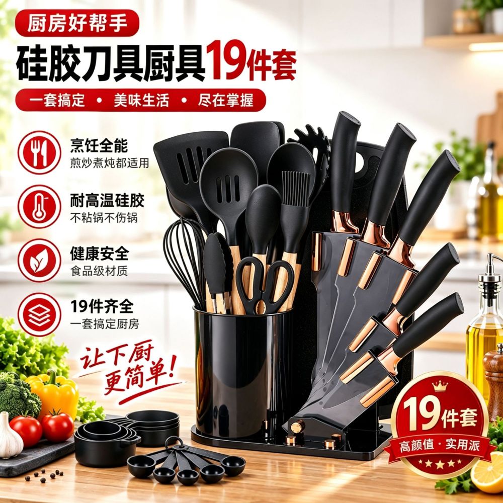 Silicone Kitchen Utensil and Knife Set, 19 Pieces, Heat-Resistant