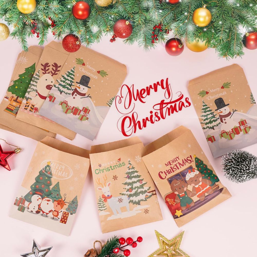 Noel Kraft Kağıt Çanta Noel Baba ve Noel Ağacı Desenli