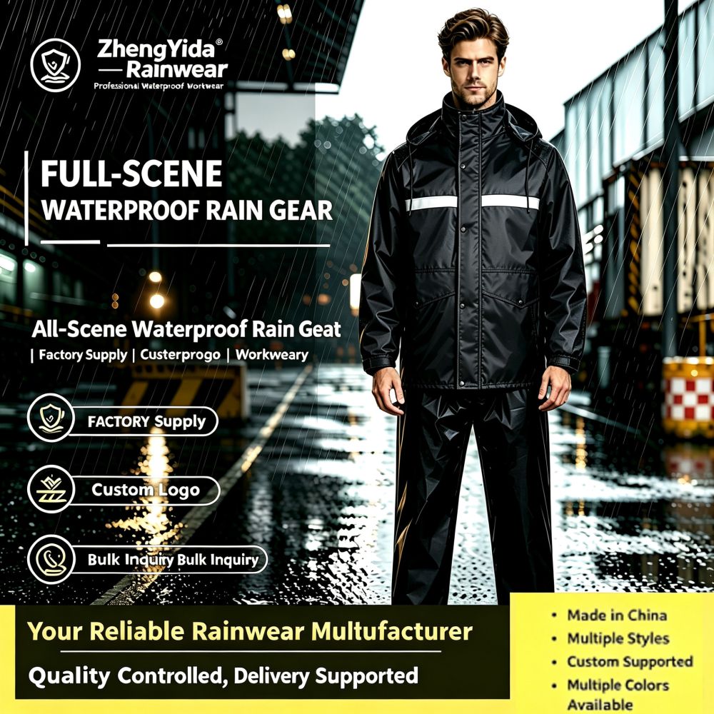 跨境雨衣套装户外 通勤工地市政骑行分体式雨衣 Raincoat-Black