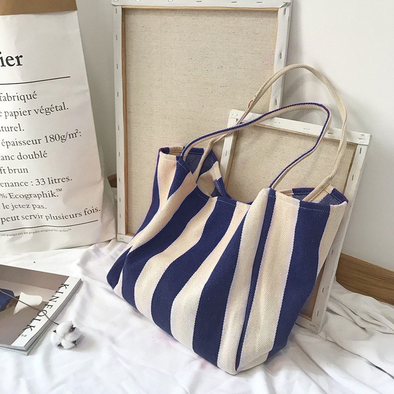 Damenhandtasche aus Leinen mit Streifenmuster, Einschulter-Tragegriff, große Kapazität, Canvas-Tasche in schlichtem und frischem Stil, elegant und vielseitig. - 4