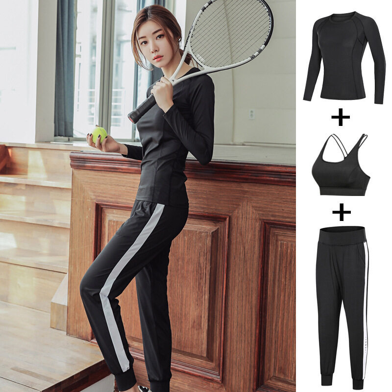 2024秋季运动服套装女款透气速干瑜伽服三件套长袖哈伦裤健身服女