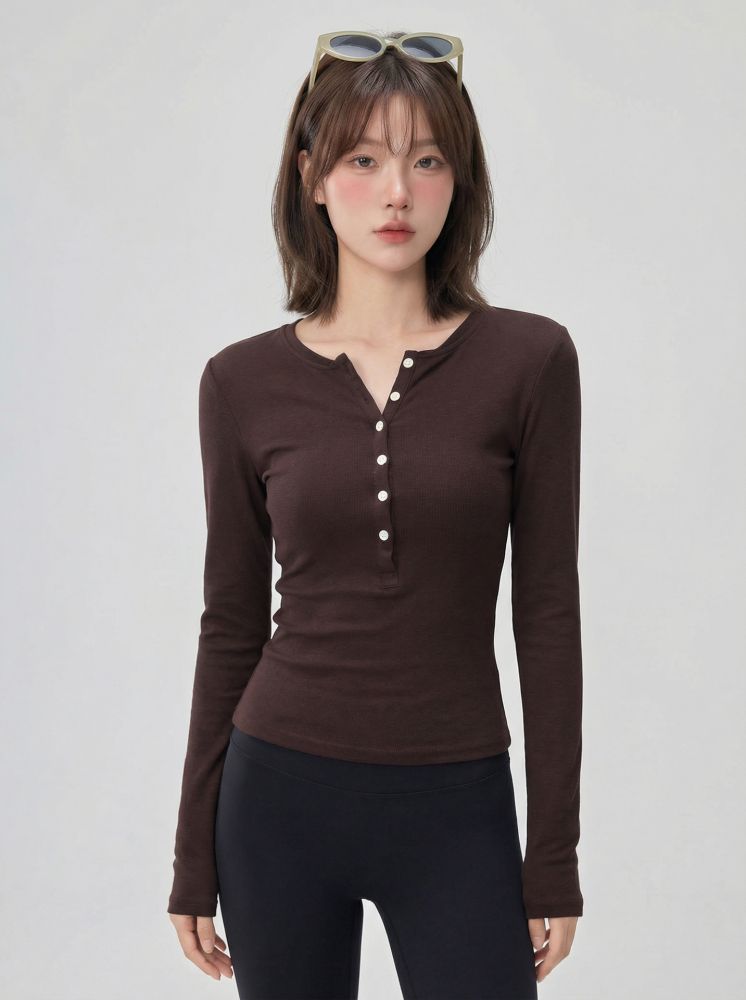 Fitness yoga long sleeve with Henley neck, fitted, autumn-winter
