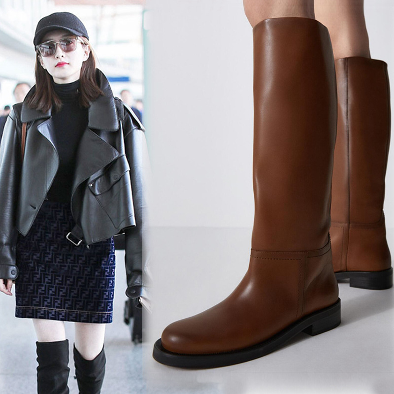 Women's Full Cowhide Knee-High Boots, Mid Heel, Round Toe, Plus Size