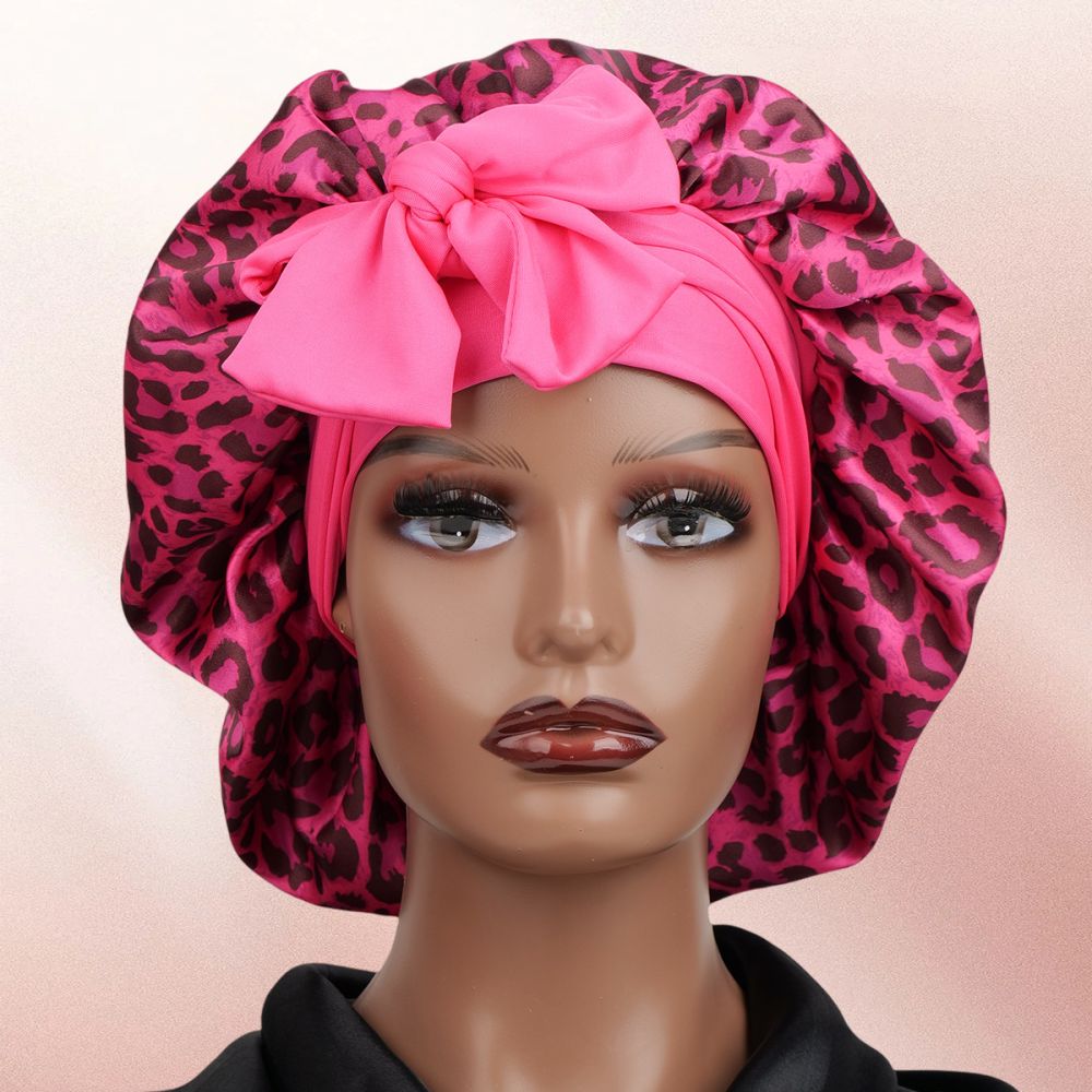 Leopard Print Drawstring Sleep Cap with Wide-Brim Beauty Hair Care Hat