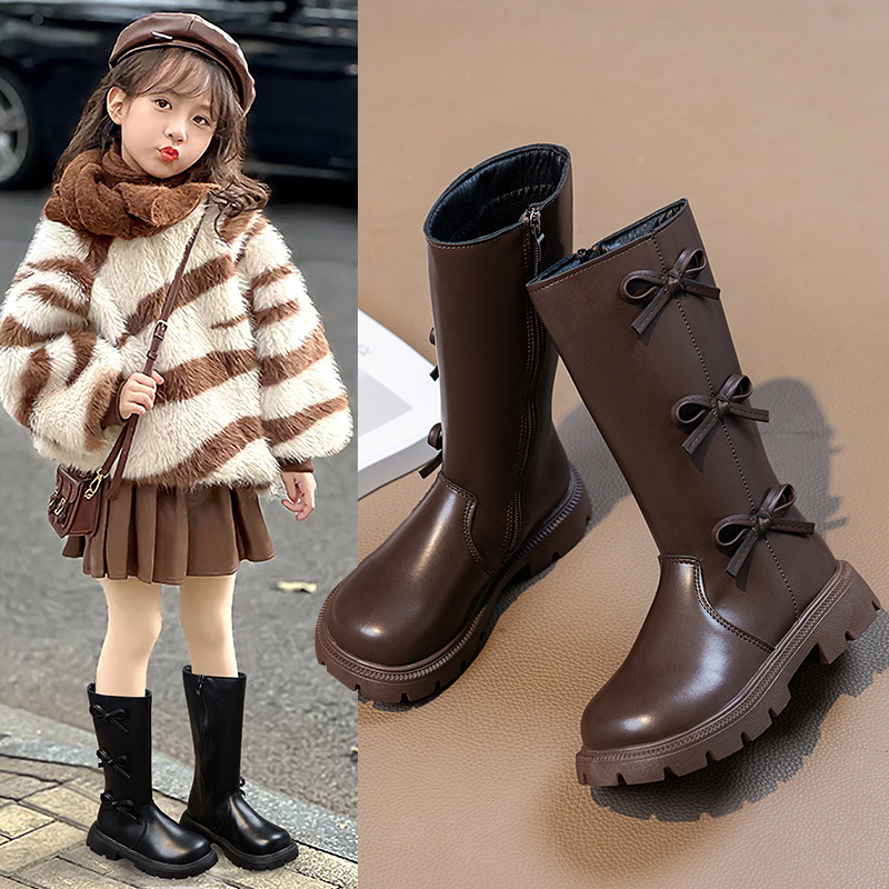 Mädchen-Lederstiefel, lang, Herbst/Winter 2026, mit Schleife