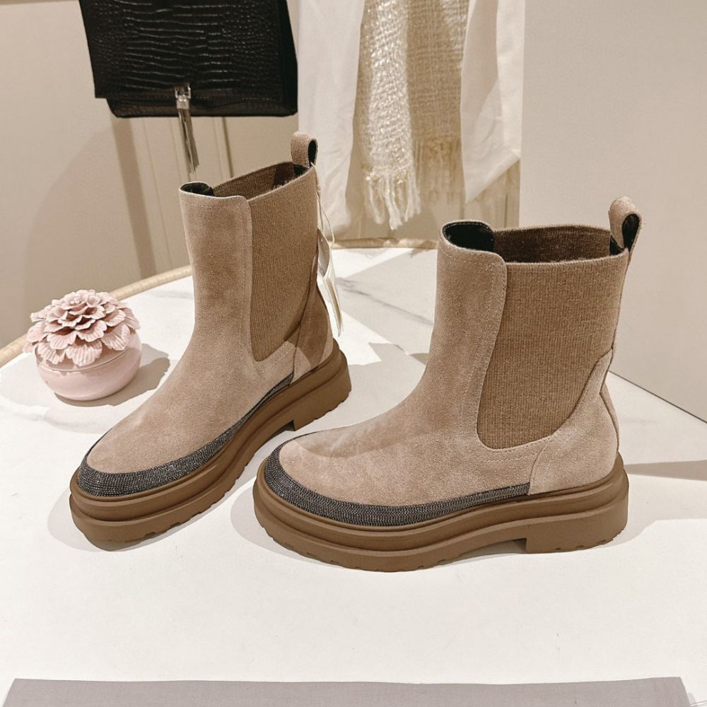Europäische und amerikanische Mode BC Damen-Stiefel ohne Schnürung, echte Leder-Chelsea-Stiefeletten für Herbst und Winter, bequeme Stiefeletten mit Schaft