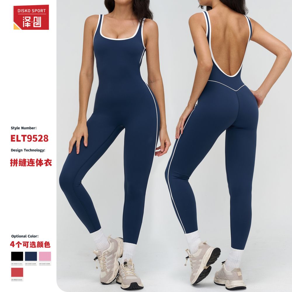 Sınır ötesi çıplak his yoga tulum, kontrast renk kenar detaylı geniş yaka spor kıyafeti, koşu egzersiz tulumu kadın 9528