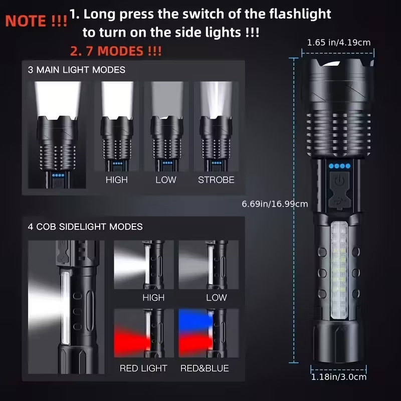 Cross-border A76 High-Power Flashlight, Rechargeable, Long-Lasting, Outdoor, Multifunctional, Long-Range Lighting Torch with Work Side Light
