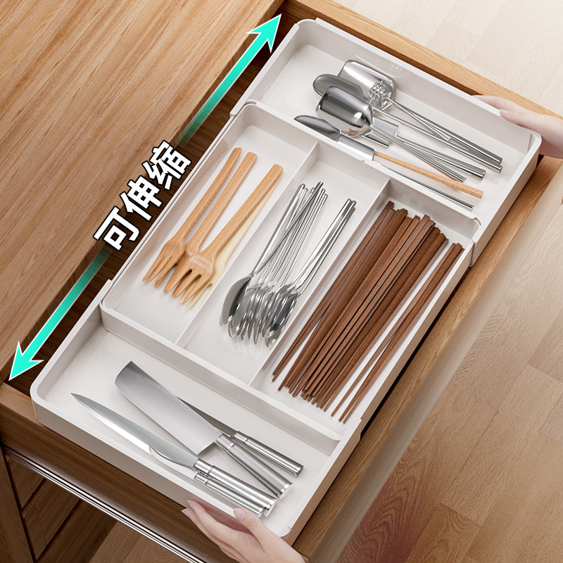 Retractable kitchen drawer organizer with cutlery and chopsticks compartments