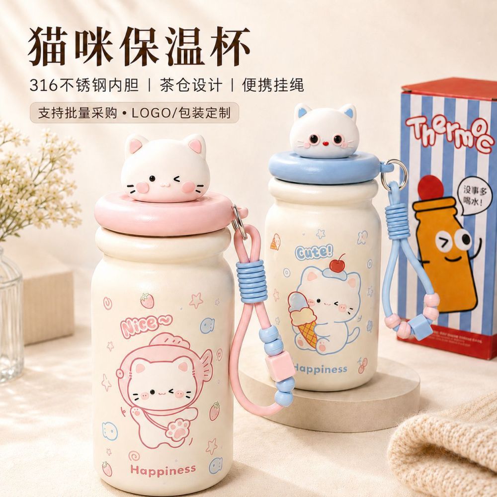 Sevimli KT Kedi Desenli 316 Paslanmaz Çelik Termos Bardak, Çay Bölmeli, Pipetli, 500 ml