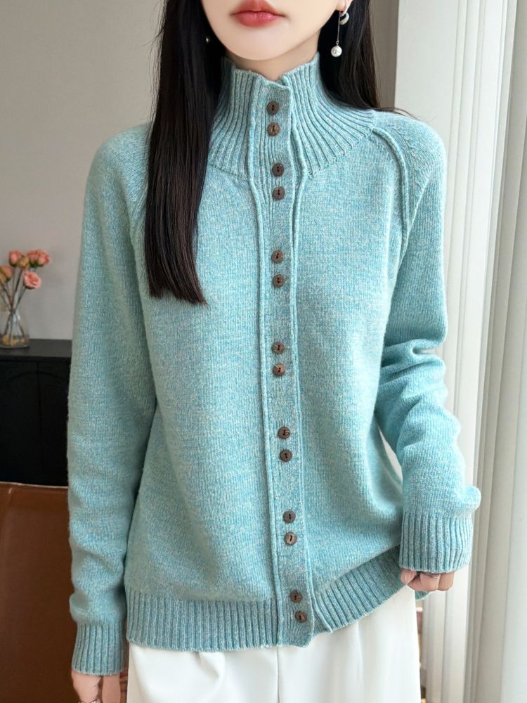Damen-Strickjacke aus dickem reiner Wolle, neue Herbst-/Winterkollektion, sieben Nadeln, doppelfädig, Stehkragen, Langarm, Cardigan mit Blumenmuster, Strickmantel, Pullover