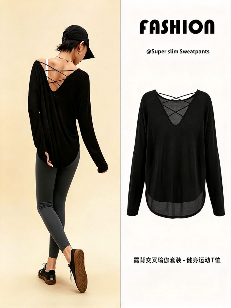 防晒罩衫女秋季新款慵懒风健身瑜伽服套装宽松显瘦长袖运动上衣t