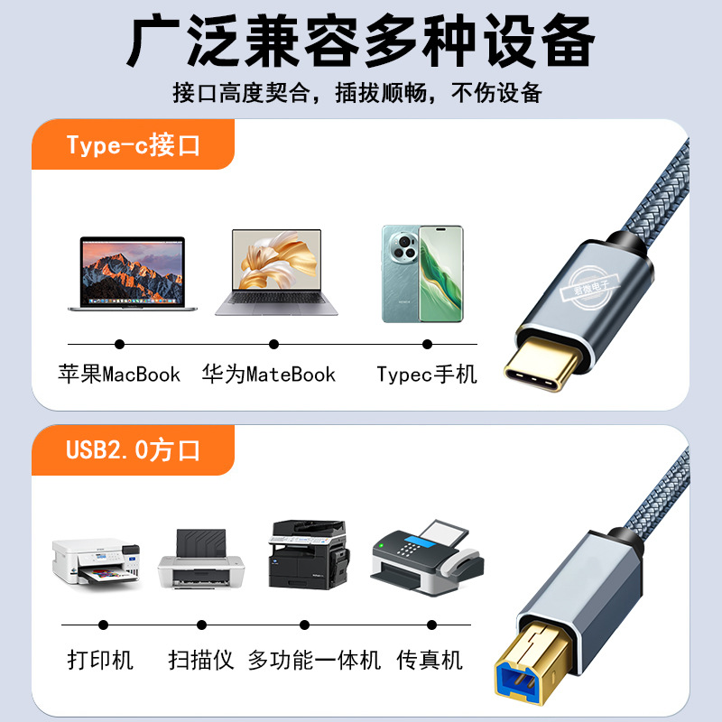Кабель для принтера Type-C на заказ для электронной коммерции, USB-кабель для ноутбука и принтера, универсальный USB-кабель для цифровой клавиатуры