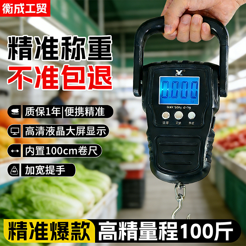 Toptan yüksek hassasiyetli taşınabilir el elektronik terazi kanca terazi geniş tutuş kollu mezura ile 50kg ev tipi alışveriş terazi asılı kanca terazi - 1